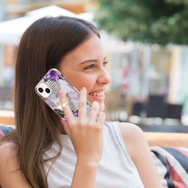 Marble Mønstret Deksel med Ring Holder til iPhone 14 Plus - Lilla Blomster Purple