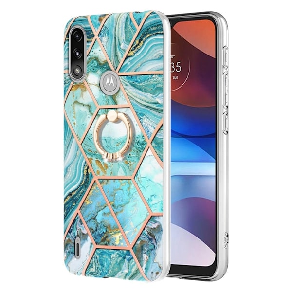 Marble Mønstret Deksel med Ring Holder til Motorola E7i Power / E7 Power - Blå Blue