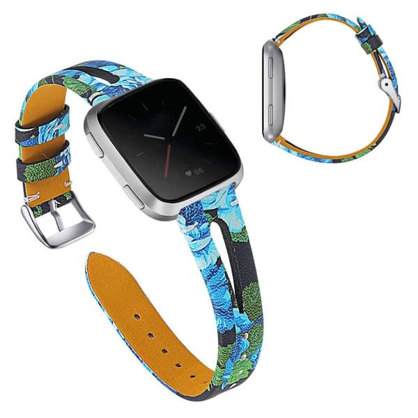 Urrem i ekte skinn til Fitbit Versa - Blå Blomst Blue