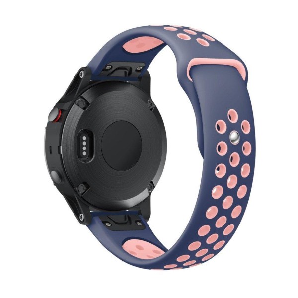 22mm Garmin Forerunner 935 / Quatix 5 / Fenix 5 / Fenix 5 Plus / Approach S60 tofarvet silikone Urrem - Blå / Pink Hole Blue