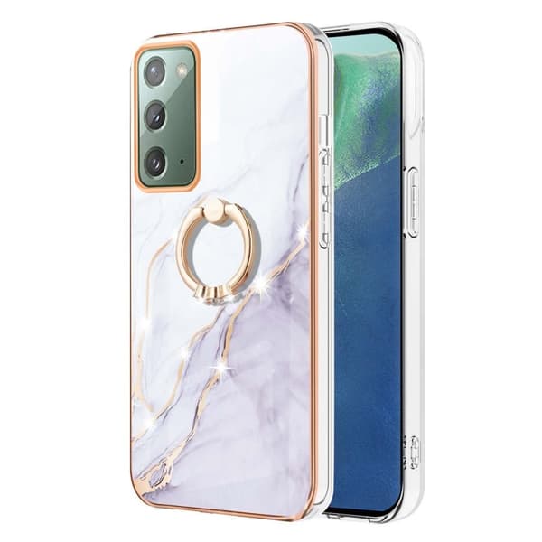 Marble Mønstret Cover med Ring Holder til Samsung Galaxy Note 20 5G - Hvid Marmor Haze White
