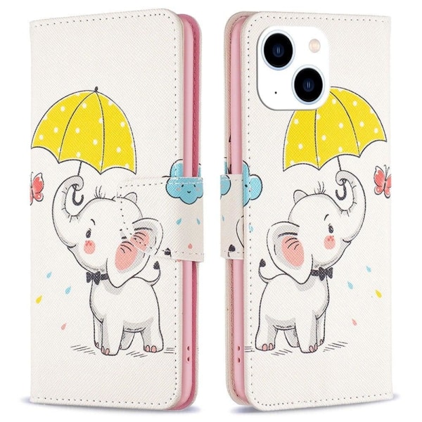 Wonderland iPhone 14 flip etui - Paraply Og Elefant Pink