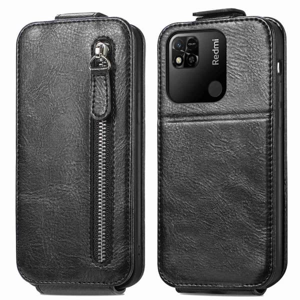 Vertical Flip Phone Etui med Zipper til Xiaomi Redmi 10A - Sort Black