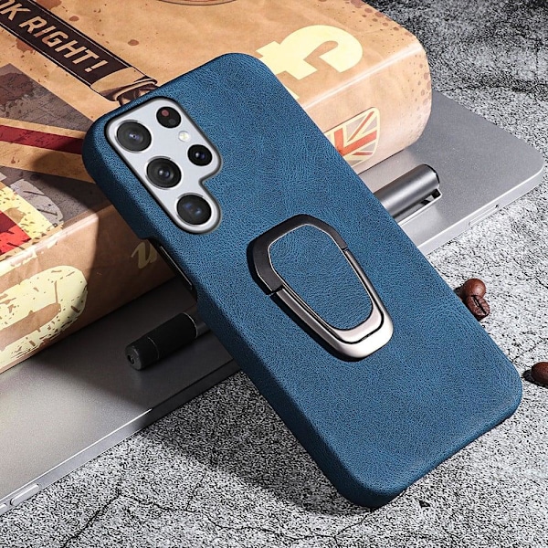 Stötsäkert läderfodral med oval kickstand för Samsung Galaxy S22 Ultra - Blå Blå