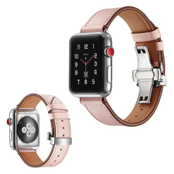 Apple Watch Series 5 40mm holdbar ægte læder Urrem - Sølv Spænde / Pink Pink