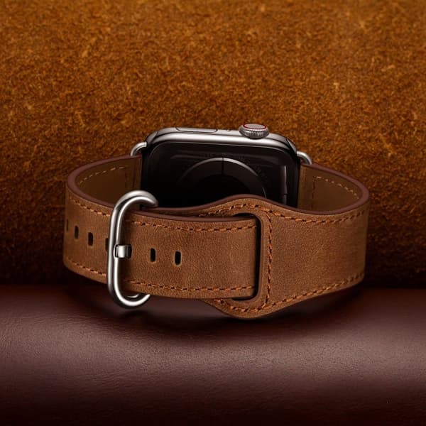 Apple Watch (45 mm) urrem i ægte læder med struktur - Brun / Brun / Sølv Brown