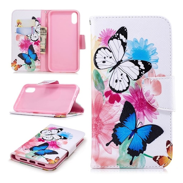 iPhone XR mobilfodral syntetläder silikon stående plånbok - Fjärilar och blommor multifärg