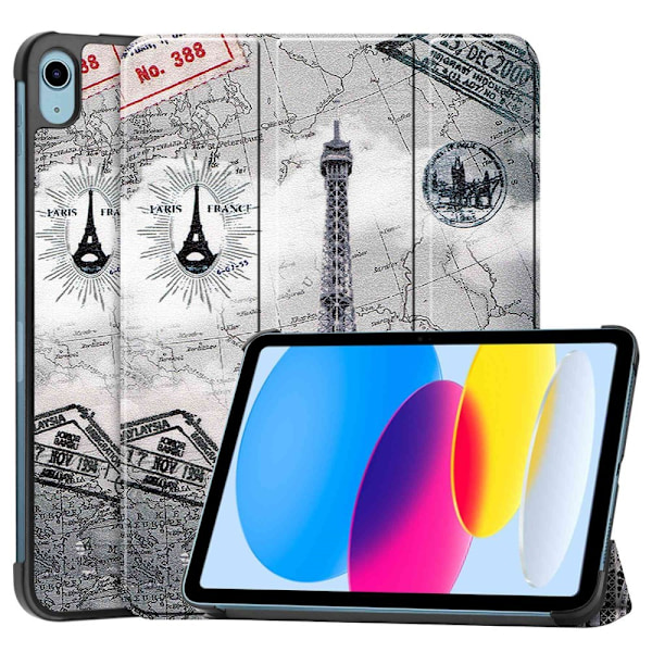 Tri-fold stander etui iPad 10.9 (2022) Pattern Printing Anti-fall Anti-wear Folio Flip Vegansk Læder Tablet Cover - Tårn Silver grey