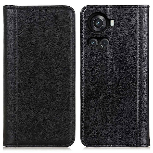 Äkta läder OnePlus 10R / OnePlus Ace fodral med magnetisk stängning Svart
