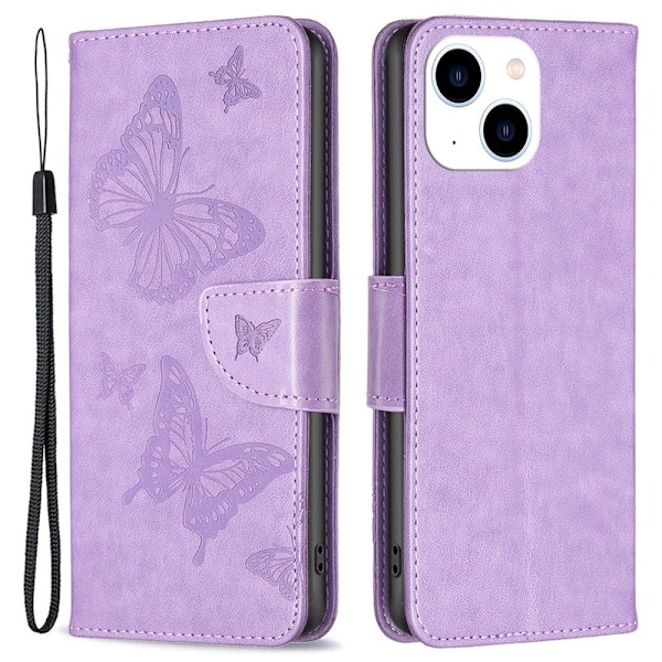 Butterfly läder iPhone 14 fodral - Lila Lila