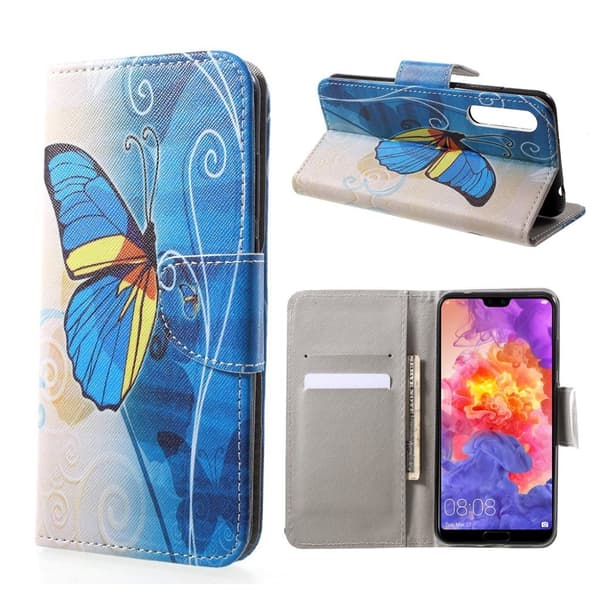 Huawei P20 Pro Etui laget av kunstlær og silikon – Blå sommerfugl Multicolor