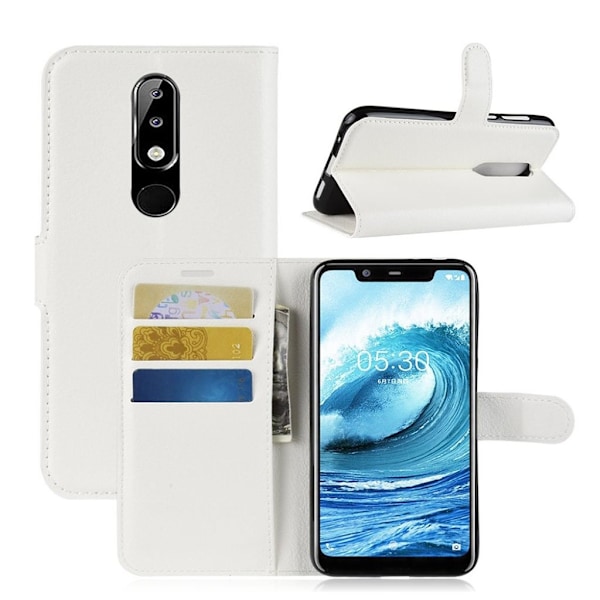Nokia 5.1 Plus mobilfodral syntetläder silikon stående plånbok litchi - Vit Vit