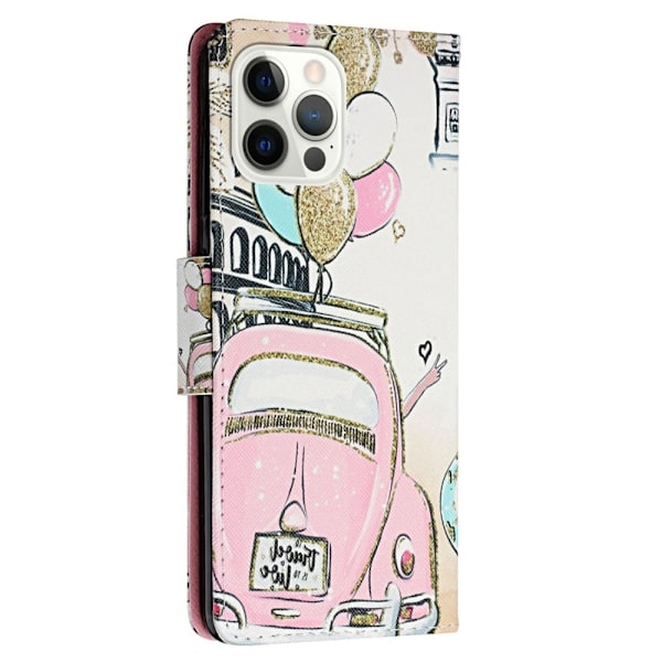 Vegansk lædermønstertryk til iPhone 14 Pro Max, Cross Texture Stand Wallet Folio Flip Phone Cover med håndrem - Bil Pink