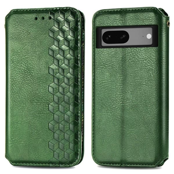 Læder Etui med A Stilfuldt Rhombus Tryk til Google Pixel 7a - Grøn Green