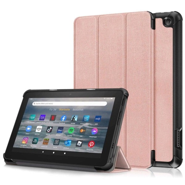 Tri-fold Leather Stand Case for Amazon Fire 7 (2022) - Rose Gold Pink
