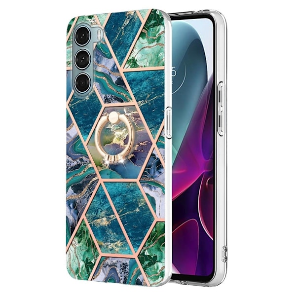 Marble Patterned Suojakuori With Ring Holder For Motorola Moto G200 5G / Edge S30 - Sininen / Vihreä Blue