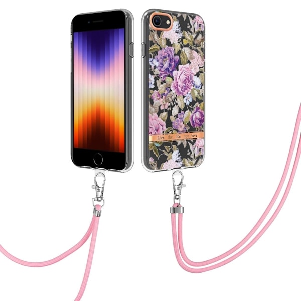 YB IMD-11 Series Phone Case iPhone SE (2020)/SE (2022)/7/8 4,7 tommer, blødt, fleksibelt IML IMD-blomstermønster med galvaniseret skal og nøglesnor - Purple