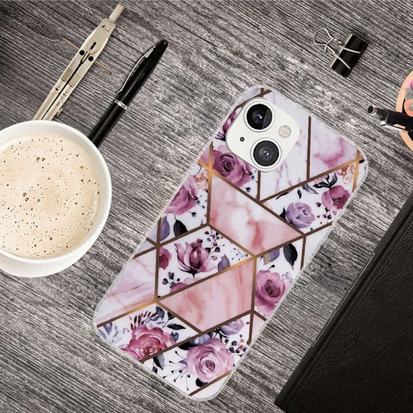 Marble design iPhone 14 Plus cover - Elegant Flise Med Roser Multicolor