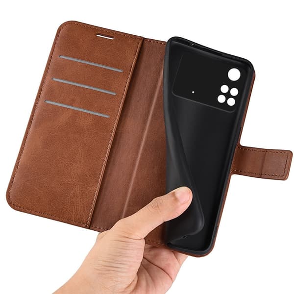 Hållbart konstläder Xiaomi Poco M4 Pro fodral med plånbok - Brun Brun