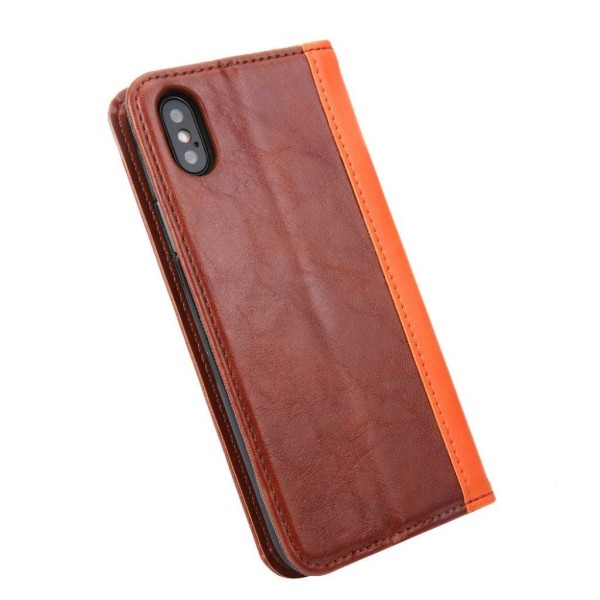 iPhone XS flip cover i læder med syninger - Brun Brown