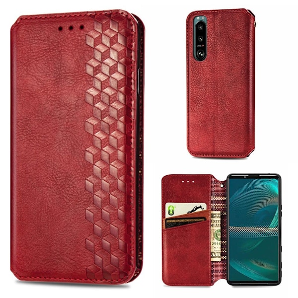 Nahkakotelo With A Stylish Rhombus Imprint For Sony Xperia 5 III - Punainen Red