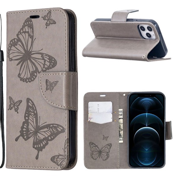 Butterfly iPhone 12 Pro / iPhone 12 Læderetui - Sølv/Grå Silver grey