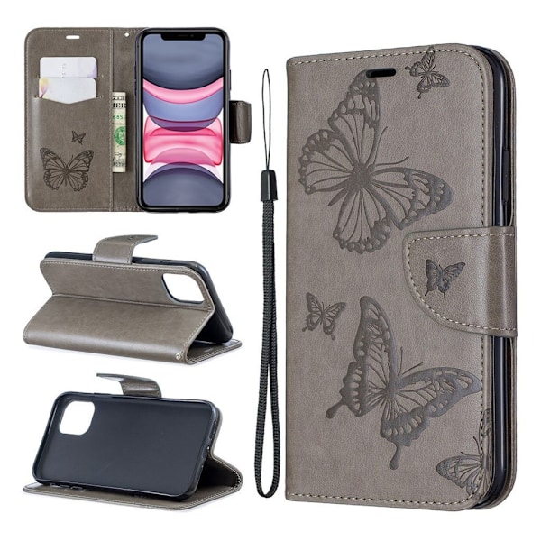 Butterfly läder iPhone 11 fodral - Silver/Grå Silvergrå