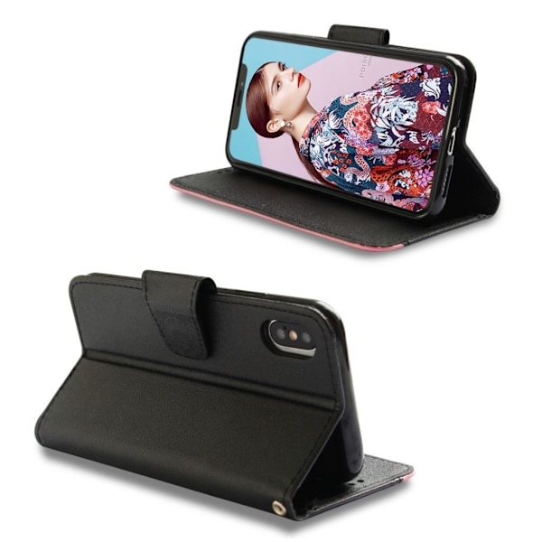 iPhone 9 Plus mobilfodral syntetläder silikon stående plånbok - Svart och rosenröd multifärg