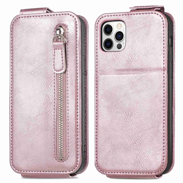 Vertical Flip Phone Suojakotelo With Zipper For iPhone 12 Pro Max - Ruusukulta Pink