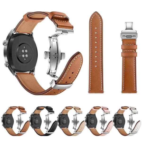 Huawei Watch GT / 2 / Watch Magic ægte læder Urrem - Sort / Sølv Black