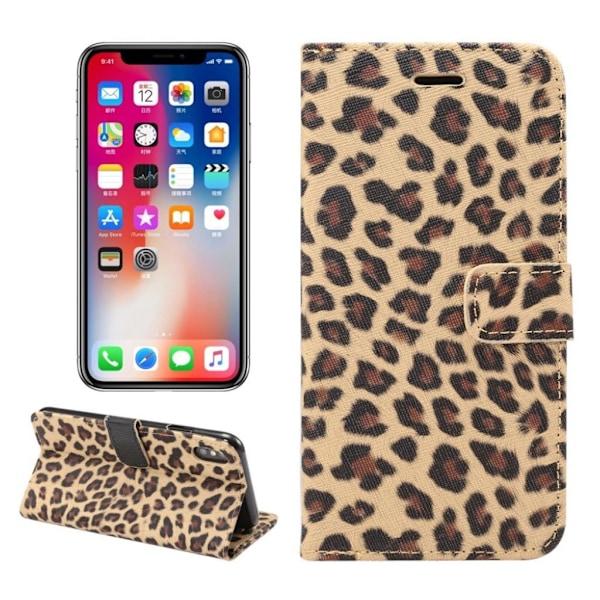 iPhone 9 Leopardi Kankaalla Pinnoitettu Synteetti Nahkainen Lompakko Suojakotelo - Ruskea Brown