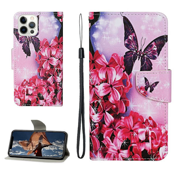 Wonderland iPhone 13 Pro Max flip etui - Lyserød Blomst Og Sommerfugl Multicolor