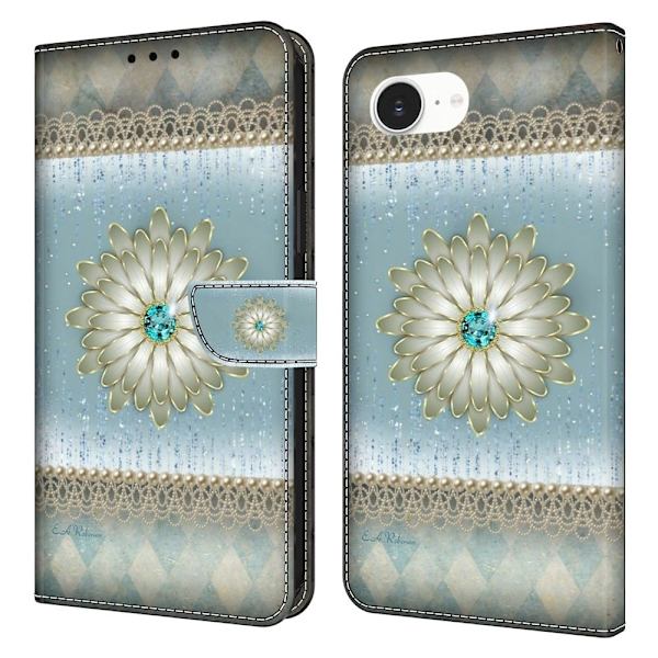 iPhone 16e Plånboksfodral Mönster Tryck Stativ Läder Flip Phone Cover - Blå Diamantblomma Blå