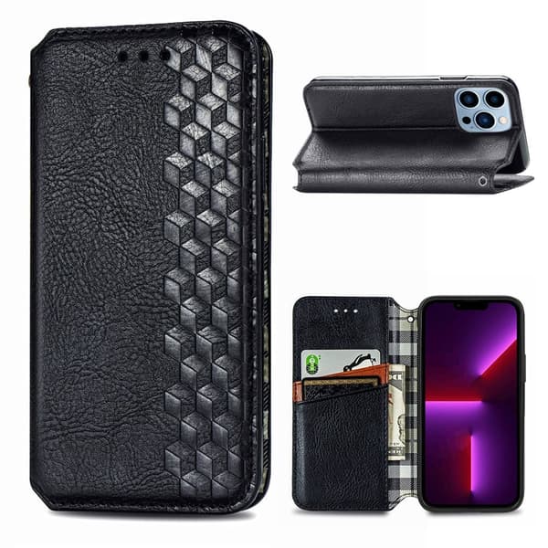 Lær Etui med A Stilfull Rhombus Imprint til iPhone 13 Pro Max - Svart Black