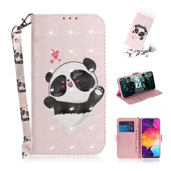 Samsung Galaxy A50 kuviollinen  nahkainen suojakotelo - Panda ja Sydämet Multicolor