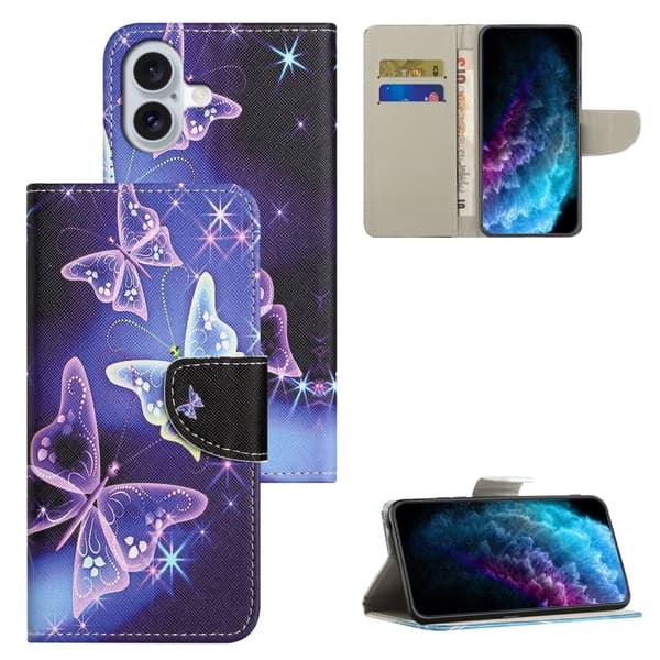 Wonderland iPhone 16 flip kuoret - Kimaltelevia Perhosia Purple