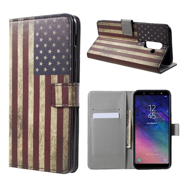 Samsung Galaxy A6 Plus beskyttelsesetui i kunstlæder med printet mønster samt pung og stativ - USA flag Multicolor