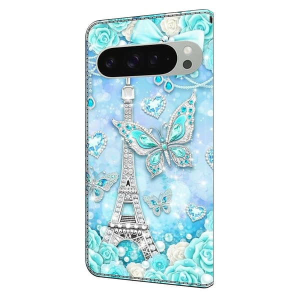 Google Pixel 9 Pro XL plånboksfodral mönstrat tryck stativ läder flip telefonskal - Fjärilskoboltorn Blå