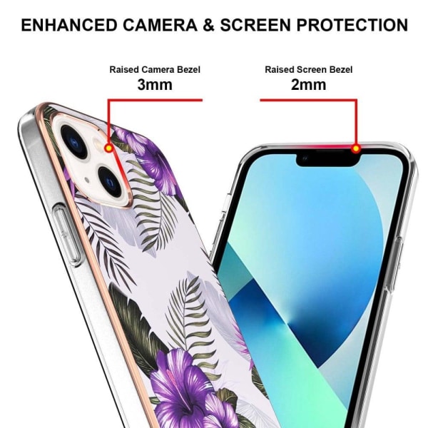 Marble Patterned Suojakuori With Ring Holder For iPhone 14 - Purple Flowers Purple