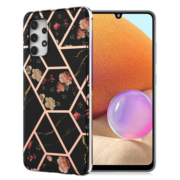 Marmordesign Samsung Galaxy A32 deksel - Svart Marmor / Blomst Multicolor