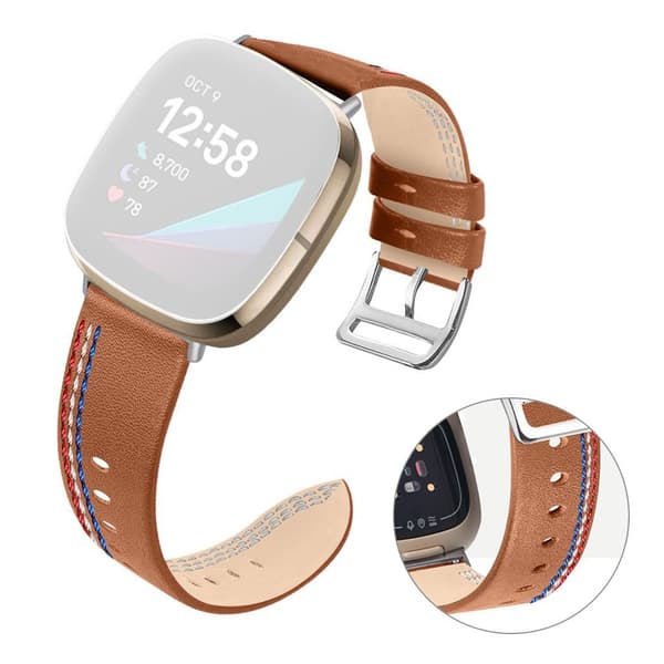 Fitbit Sense / Versa 3 three sewn line genuine leather watch strap - Brown Brun
