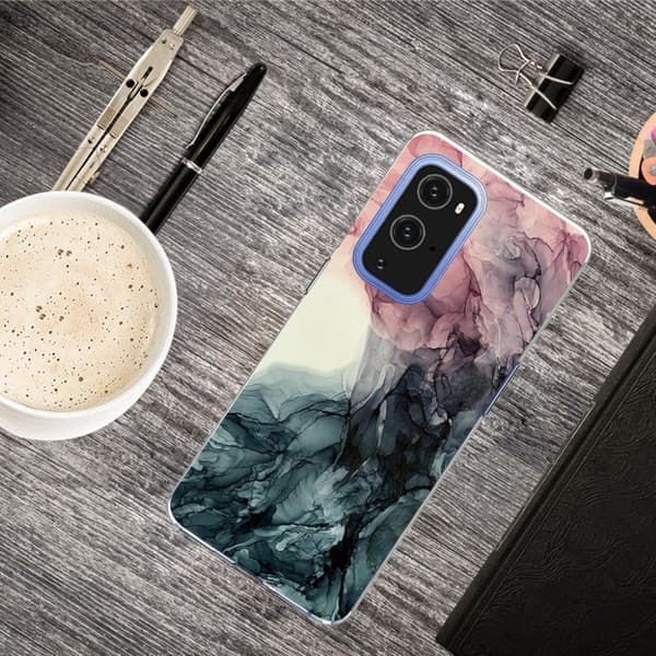 Marble OnePlus 9 Pro Etui - Pale Pink og Grønn Klinkekule Multicolor