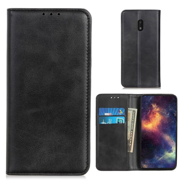 Lompakko-style Aitoa Nahkaa Läppäkotelo For Nokia C1 Plus - Musta Black
