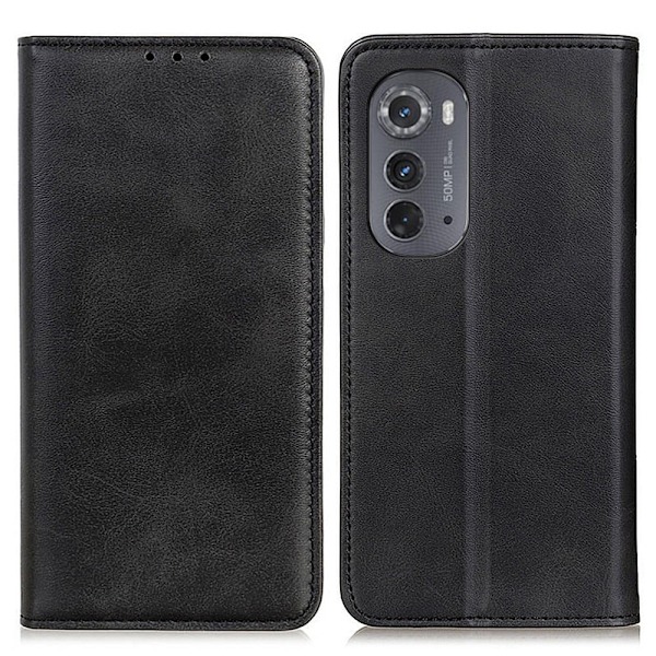 Flip Etui med Pung i Ægte Læder til Motorola Moto Edge 2022 - Sort Black
