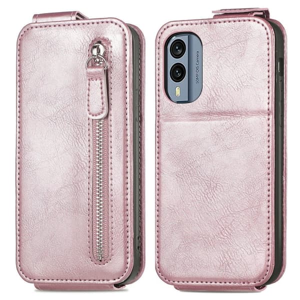 Vertical Flip Phone Etui med Zipper til Nokia X30 - Rødguld Pink
