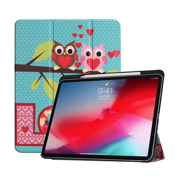 iPad Pro 11" (2018) tre-folds mønstered læder etui - Ugler og Hjerter Multicolor