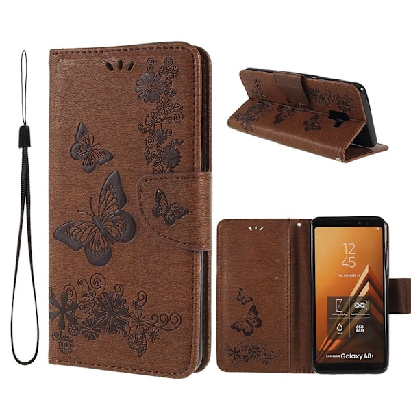 Samsung Galaxy A8 (2018) imprinted sommerfugl Blomster PU læder flip etui - Brun Brown