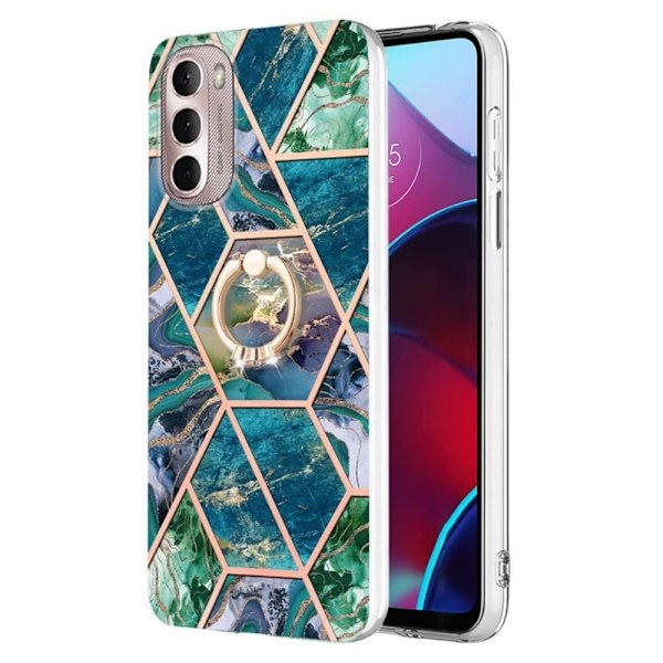 Marble Mønstret Cover med Ring Holder til Motorola Moto G Stylus (2022) - Blå / Grøn Blue