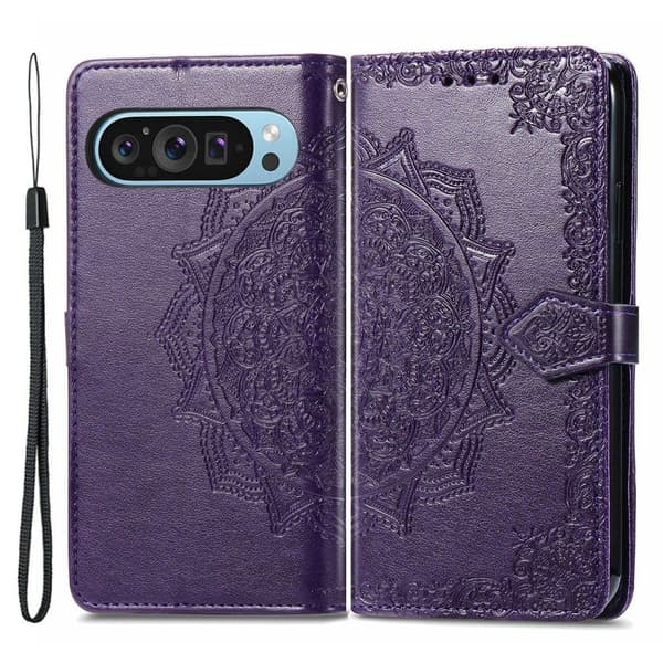 Mandala läder Google Pixel 9 fodral - Lila Lila
