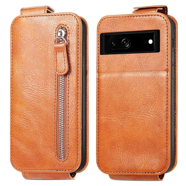 Vertical Flip Phone Fodral med Zipper till Google Pixel 7a - Brun Brun